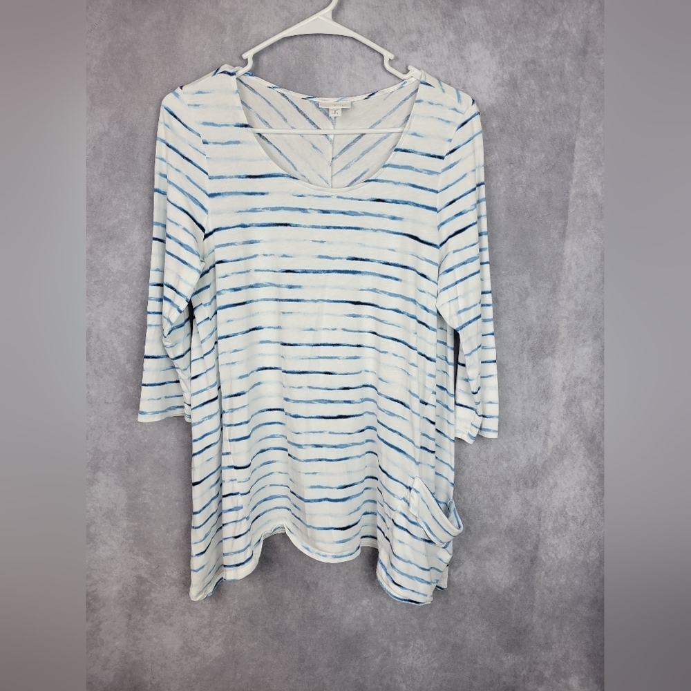 Pure Jill White Blue Striped‎ Tunic Top Size M Sharkbite Hem Pocket Casual